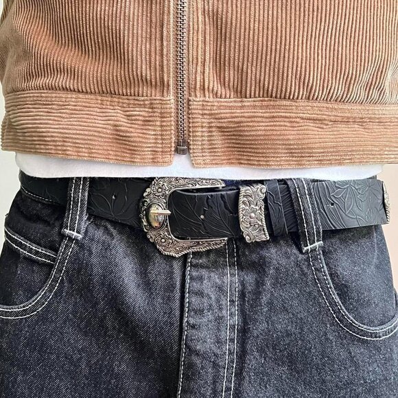 vintage style black American western floral silver boho belt - Picture 3 of 7